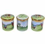 Three (3) Golf Themed Enamel Staffordshire & Worcestershire Stamp Boxes