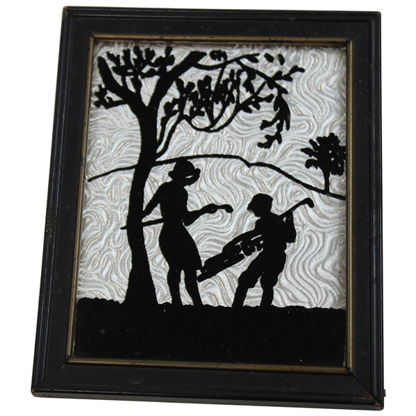Lady Golfer with Caddy Silhouette Golf Scene - Framed