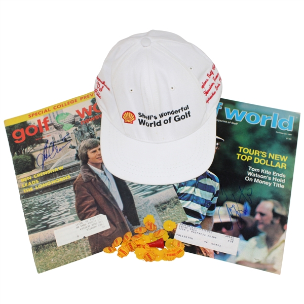 Ben Crenshaw & Tom Kite Signed Golf Worlds w/Shells Wonderful World Challenge Hat & Ballmarkers JSA ALOA