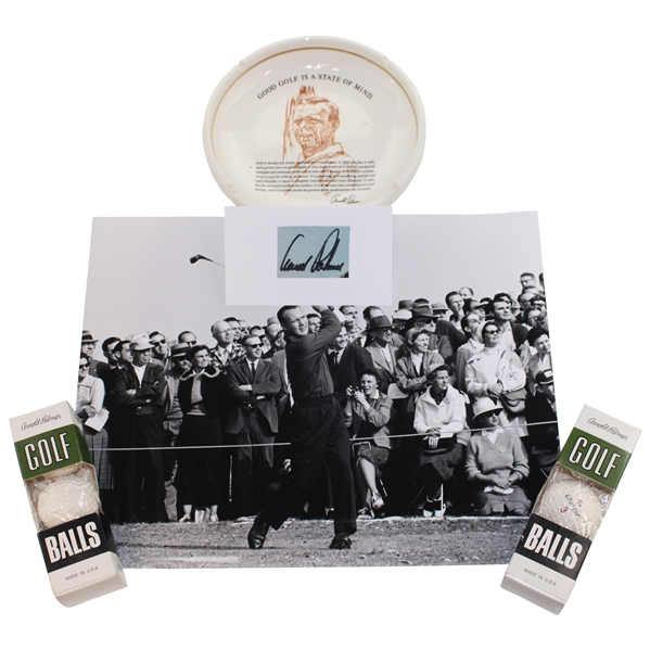 Arnold Palmer Signed Cut, 11" X 14" Photo,  Good Golf Is A State Of Mind Dish & (2) Sleeves Of Arnold Palmer Signature Golf Balls JSA ALOA
