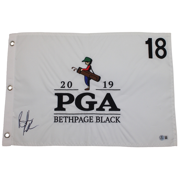 Brooks Koepka Signed 2019 PGA at Bethpage Black Embroidered White Flag BAS #BR46929