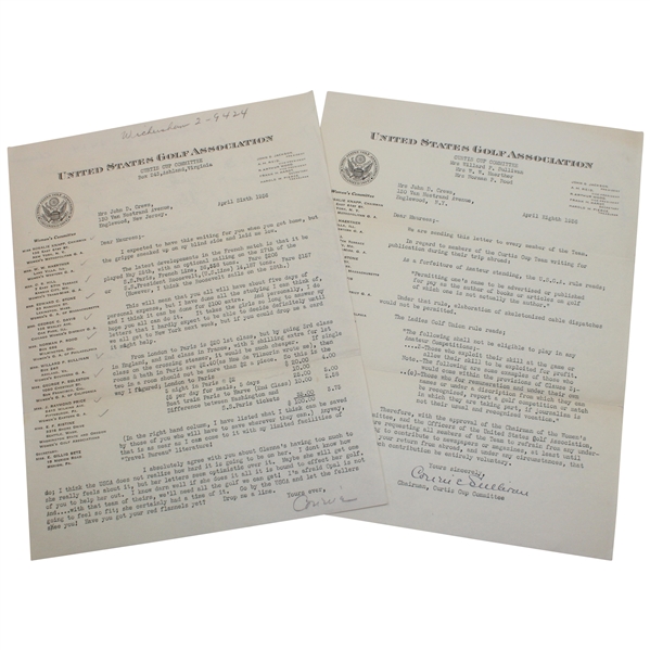 1936 USGA Curtis Cup Expenses & Amateur Status Letters to Maureen Orcutt - April 6th & 8th