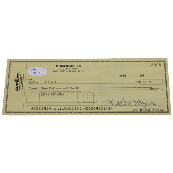 Ben Hogan Signed 1991 Personal Bank1One Check Signed W. Ben Hogan JSA #T41447