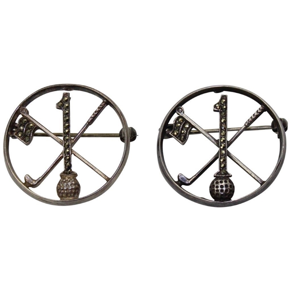 Two (2) Sterling Silver #1 on Golf Ball w/Crossed Flag & Club Hole-In-One Brooches