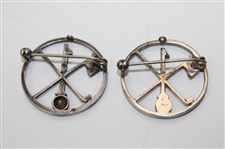 Two (2) Sterling Silver #1 on Golf Ball w/Crossed Flag & Club Hole-In-One Brooches