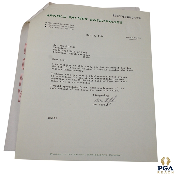 1974 Letters Between The World Golf Hall of Fame & Arnold Palmer Enterprises About Receiving Palmers Clubs