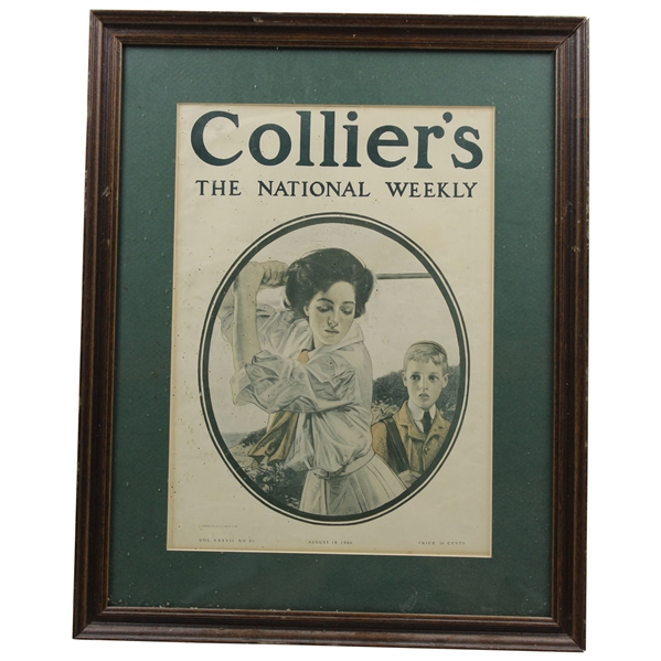 1906 Colliers The National Weekly Lady Golfer w/Caddy Cover - August 18th - Framed
