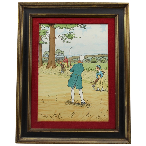 Post-Swing Golfer with Caddy & Opponent Comic Golf Print by Harry Elliot - Framed
