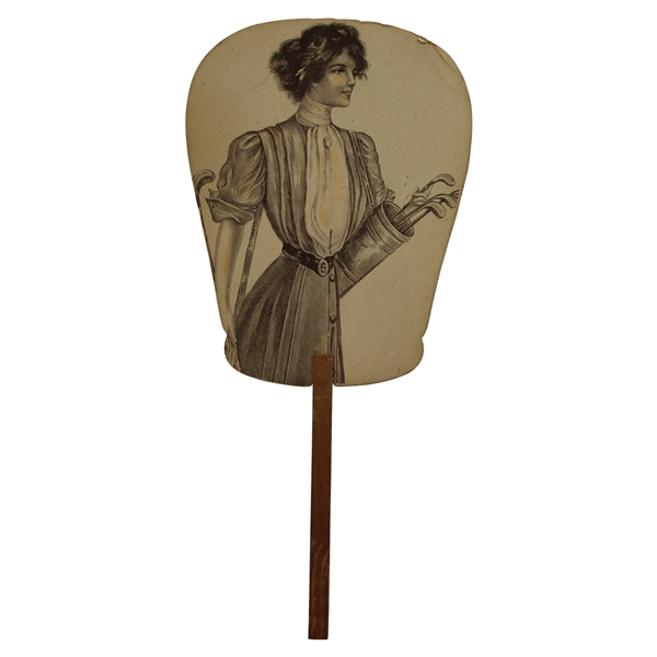 Vintage Lady Golfer w/Bag & Clubs Themed Advertising Fan - Friend Jones on Reverse