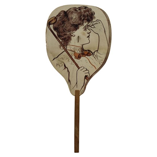 1904 Copyrighted Vintage Lady Golfer Themed Advertising Fan - The Sterling Co. on Reverse