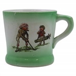 Vintage Unmarked Ceramic Golfer Lining Up Shot with Caddy Looking On Tea Cup