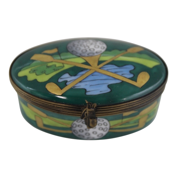 Hand Painted Limoges Porcelain Trinket Box with Crossed Clubs, Tee, Golf Bag, & Golf Flag - 1990s