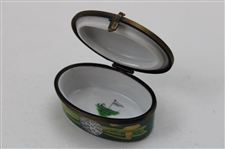 Hand Painted Limoges Porcelain Trinket Box with Crossed Clubs, Tee, Golf Bag, & Golf Flag - 1990's