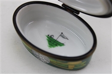 Hand Painted Limoges Porcelain Trinket Box with Crossed Clubs, Tee, Golf Bag, & Golf Flag - 1990's