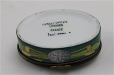 Hand Painted Limoges Porcelain Trinket Box with Crossed Clubs, Tee, Golf Bag, & Golf Flag - 1990's