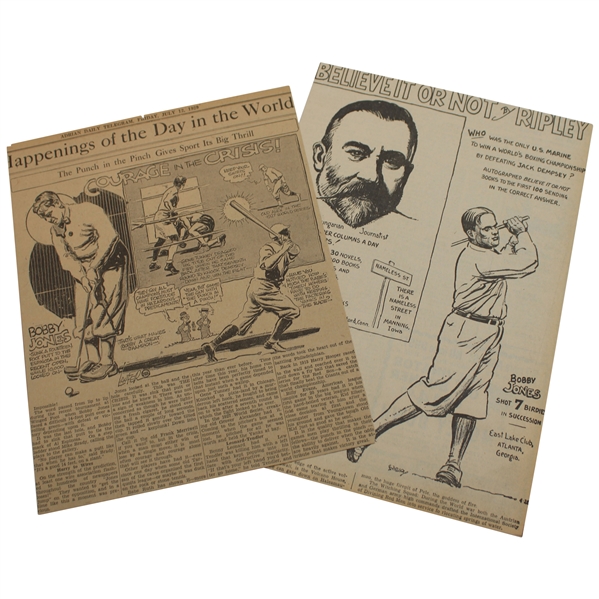 Two (2) Bobby Jones Original Newspaper Articles Featuring Post-Swing & Putting Drawings