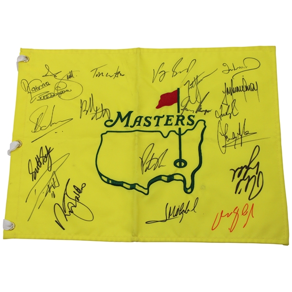 Scheffler, Watson & Seventeen (17) Masters Champions Signed Undated Masters Flag JSA ALOA