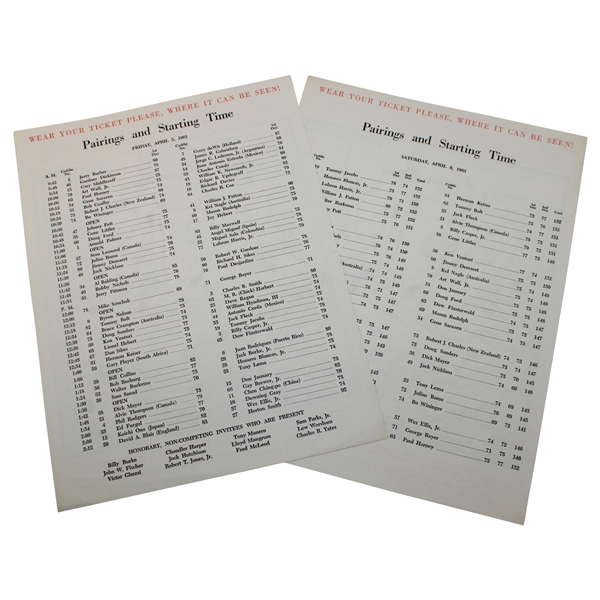1963 Masters Tournament Friday & Saturday Pairing Sheets - Jacks First Masters Win