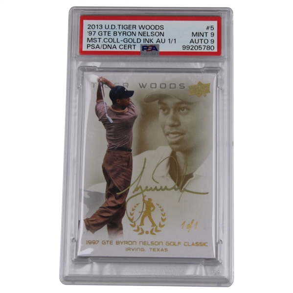 Tiger Woods Signed 2013 Upper Deck Master Collection Gold Ink #1/1(!) Card PSA 9 Auto 9