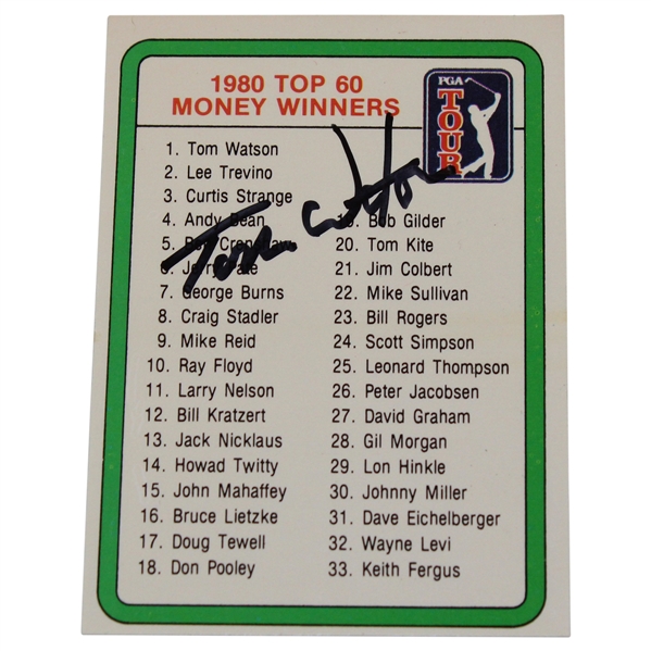 Tom Watson Signed 1981 PGA Tour 1980 Top 60 Money Winners Golf Card JSA ALOA