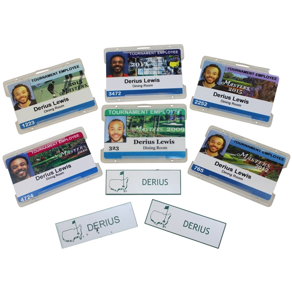 Six (6) Masters Tournament Dining Room Employee Badges w/Three (3) White w/Green Name Tags