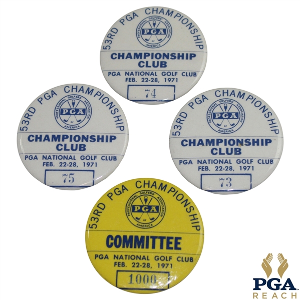 Three (3) 1971 PGA Championship Badges - Championship Club x3 & Committee - Jack Nicklaus Win