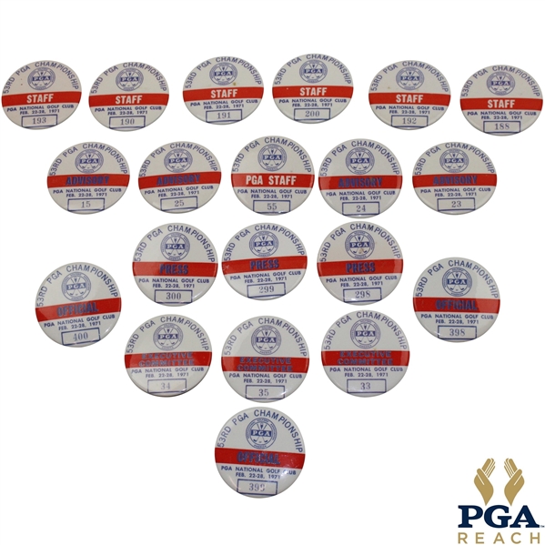 Twenty (20) 1971 PGA Championship Staff, Advisory, Official, Press, Committee & PGA Staff Badges - Nicklaus Win