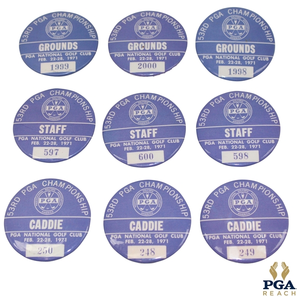 Nine (9) 1971 PGA Championship Grounds, Staff & Caddie Badges 