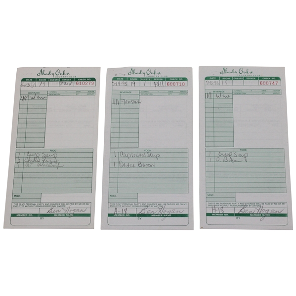 Three (3) Ben Hogan Signed Shady Oaks Country Club Receipts JSA ALOA
