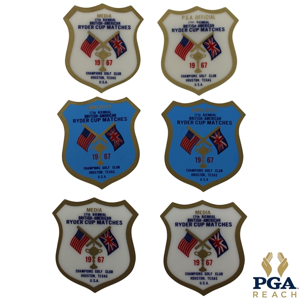 Three (3) 1967 Ryder Cup at Champions GC Media Badges, (2) Employee Badges & PGA Official Badge