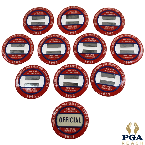 Ten (10) 1963 Ryder Cup at East Lake Badges & One (1) Officials Badge