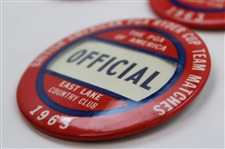 Ten (10) 1963 Ryder Cup at East Lake Badges & One (1) Officials Badge