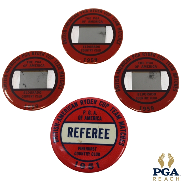 Three (3) 1959 Ryder Cup at Eldorado Badges & 1951 Ryder Cup at Pinehurst Referee Badge
