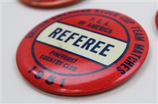 Three (3) 1959 Ryder Cup at Eldorado Badges & 1951 Ryder Cup at Pinehurst Referee Badge