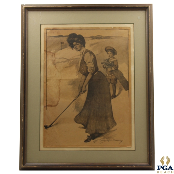 Vintage Lady Golfer w/Long Nose & Sand Tee w/Caddy Print by Florence England Nosworthy
