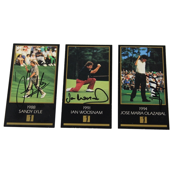 Jose Maria Olazabal, Sandy Lyle & Ian Woosnam Signed Masters GSV Golf Cards JSA ALOA