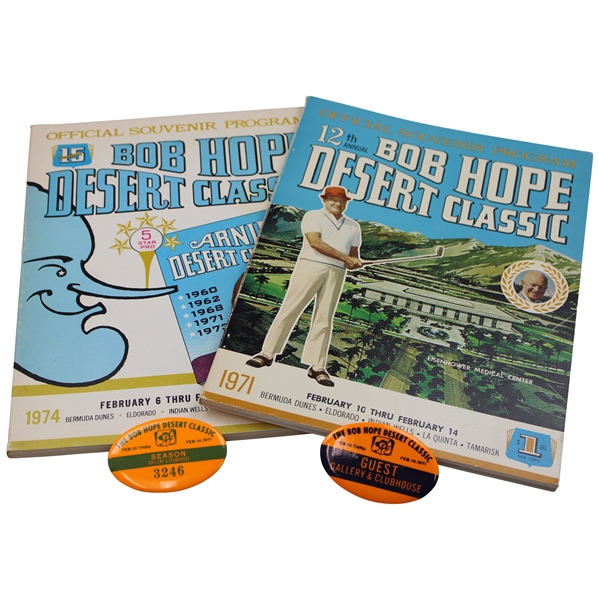 Two (2) Bob Hope Desert Classic Programs 2 71 Badges Arnold Palmer’s Five Victories
