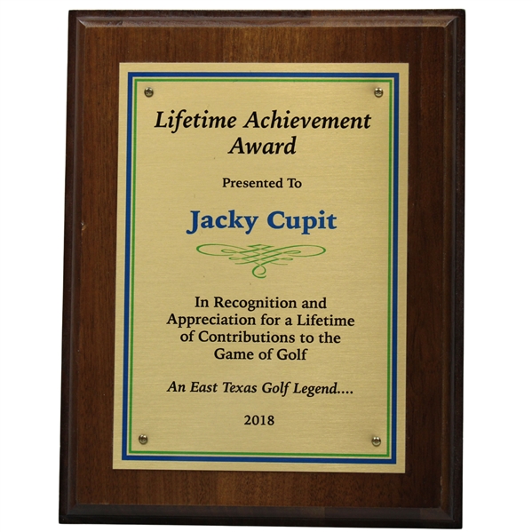 Jacky Cupits 2018 Lifetime Achievement Award Plaque