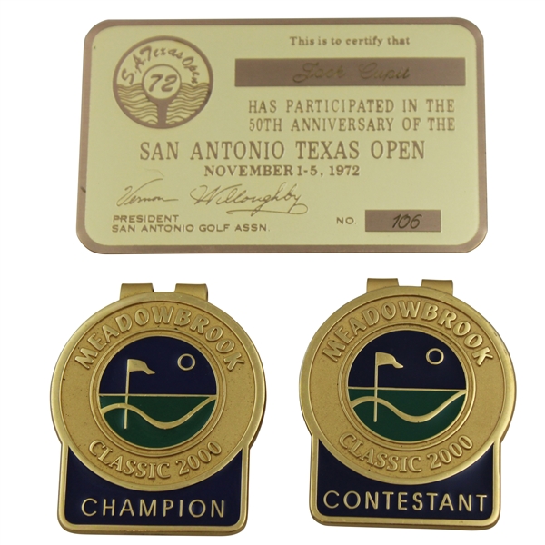 Jacky Cupits 2000 Meadowbrook Classic Contestant & Champion Badges & 1972 San Antonio Texas Open Plate