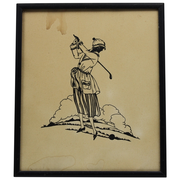 Tan & Black Silhouette Unmarked Lady Golfer Print - Framed