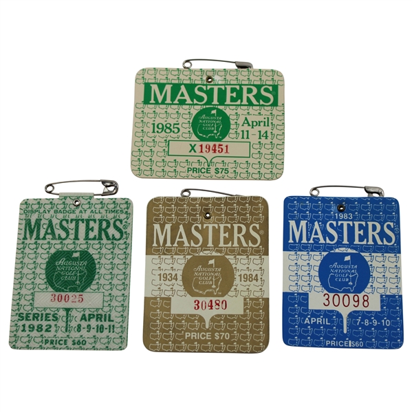 1982, 1983, 1984 & 1985 Masters Tournament SERIES Badges - Stadler, Seve, Crenshaw & Langer