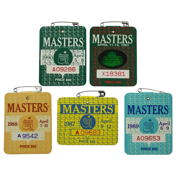 1987, 1988, 1989, 1990 & 1991 Masters Tournament SERIES Badges - Mize, Lyle, Faldo(x2) & Woosnam