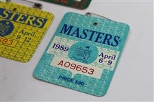 1987, 1988, 1989, 1990 & 1991 Masters Tournament SERIES Badges - Mize, Lyle, Faldo(x2) & Woosnam