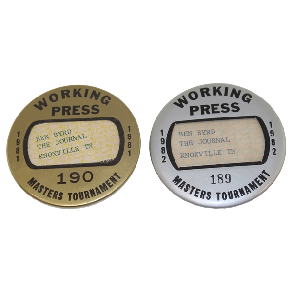 1981 & 1982 Masters Tournament Working Press Badges #190 & 189 - Issued to Ben Byrd