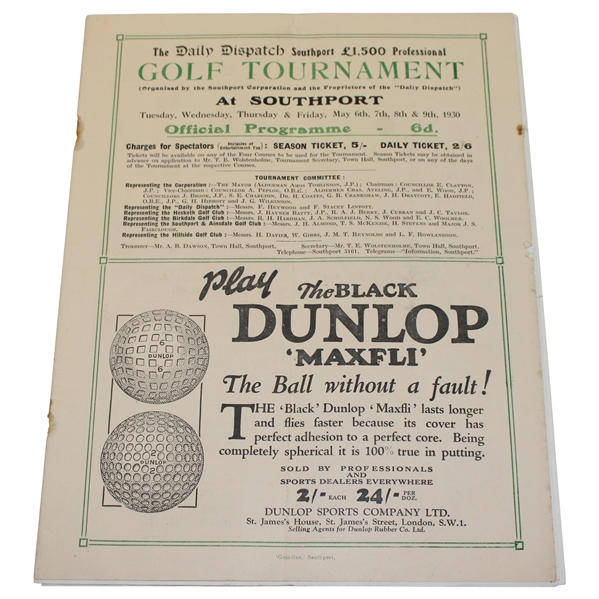 1930 Daily Dispatch Southport Professional Tournament Official Program - Archie Compston Winner