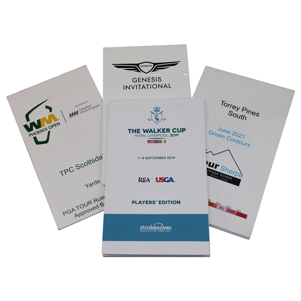 Four (4) Official Players Yardage Books - Royal Liverpool, TPC Scottsdale, Torrey Pines & Riviera