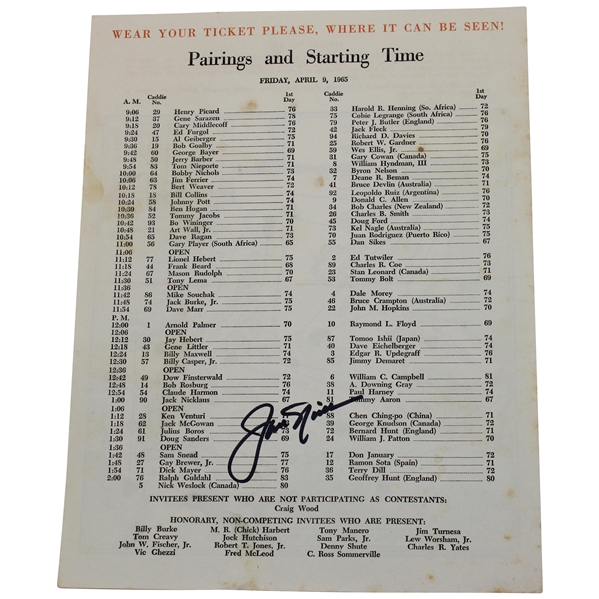 Jack Nicklaus Signed 1965 Masters Tournament Friday Pairing Sheet JSA ALOA