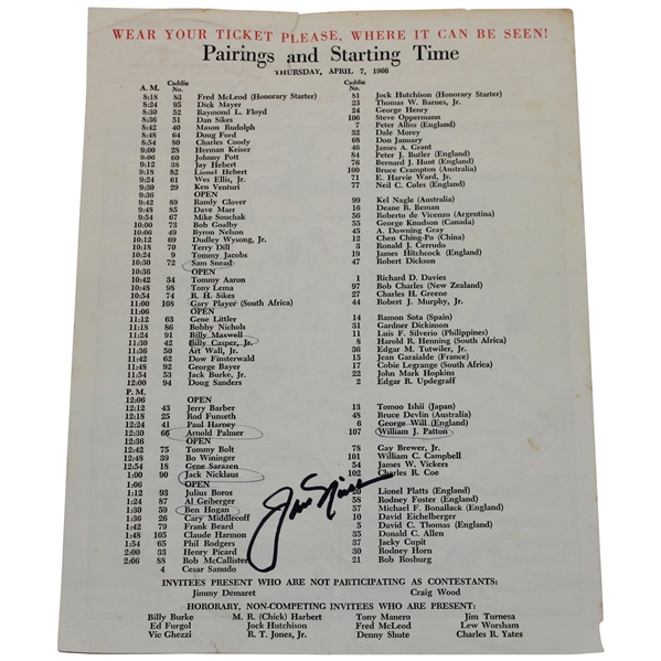 Jack Nicklaus Signed 1966 Masters Tournament Thursday Pairing Sheet JSA ALOA