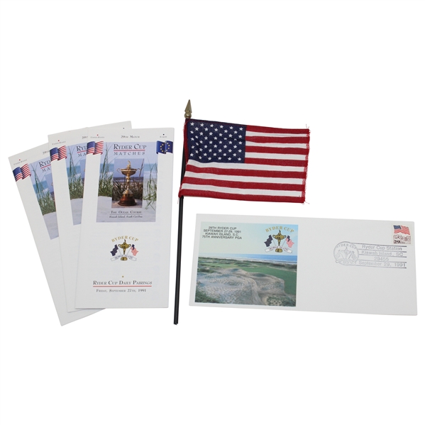 Small American Flag, (3) Pairing Sheets & Unused Event Cover From 1991 Ryder Cup at Kiawah Island