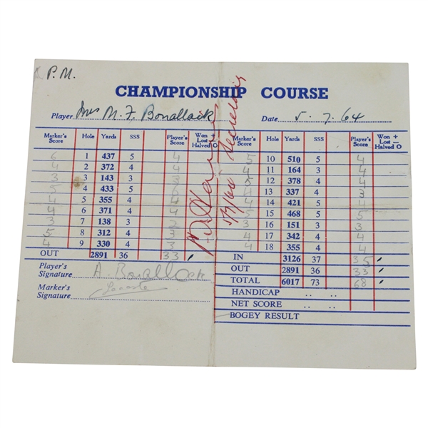 Angela Bonallack & Catherine Lacoste Signed 1964 British Amateur Scorecard JSA ALOA